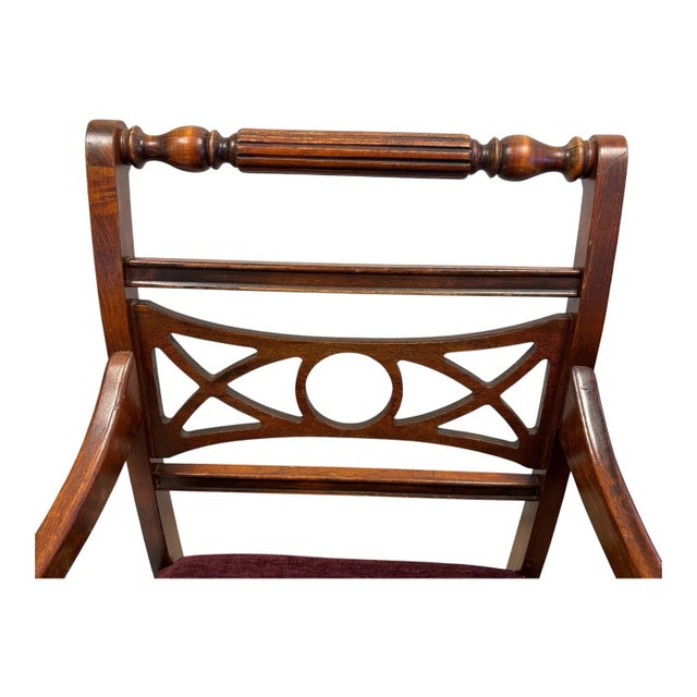 Textile Pair of Mid-Century American Colonial Revival Hardwood Captain’s Dining Armchairs, Circa 1940–1960 For Sale - Image 7 of 10