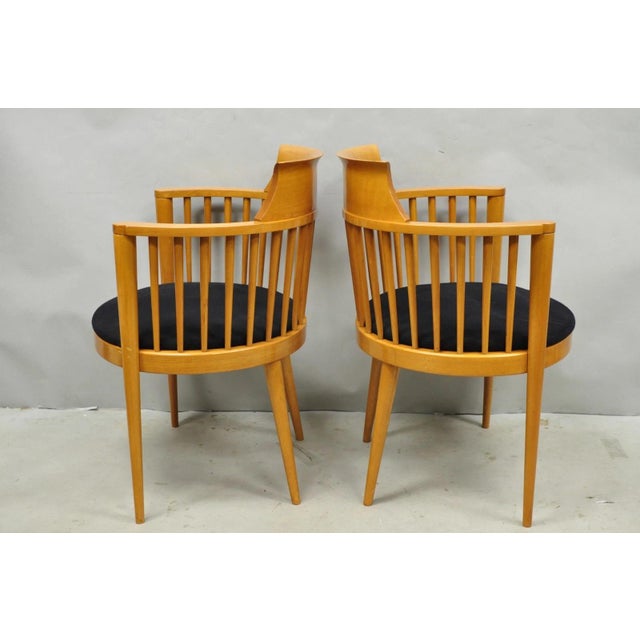 Vintage Postmodern Maple Wood Spindle Barrel Back Lounge Arm Chairs - A Pair For Sale - Image 4 of 15