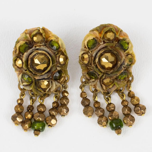 Henry Perichon Talosel Clip Earrings with Bronze and Green Cabochons For Sale - Image 4 of 7
