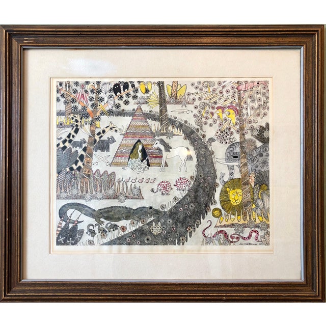 Late 20th Century Laurence Donovan, Mod Surrealist 1970's Drawing Watercolor Painting Jungle Fantasy, Unicorn, Lion, 1974 For Sale - Image 5 of 12