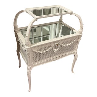 Antique White Cane/Wood Mirrored Storage Table For Sale