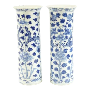 Antique Chinese Blue and White Porcelain Cylinder Vases - a Pair