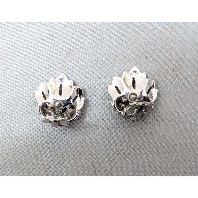 Metal Vintage 1950s Signed Jomaz Pavé Clear Rhinestone & Faux-Sapphire Flower Clip Earrings-2 Pieces For Sale - Image 7 of 8