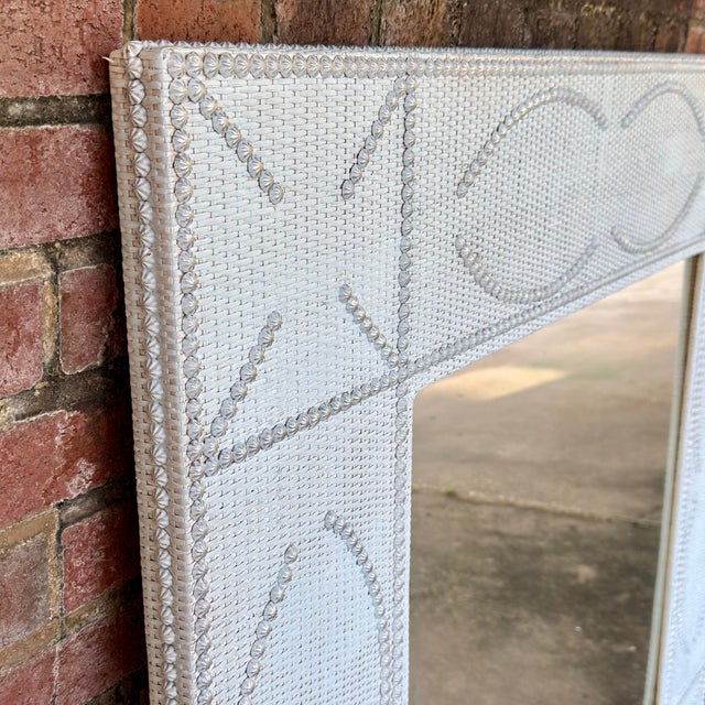 Wood Late 20th Century Palm Beach Regency Light Blue Whicker Silver Studded Monumental Wall Mirror- Newly Painted For Sale - Image 7 of 12