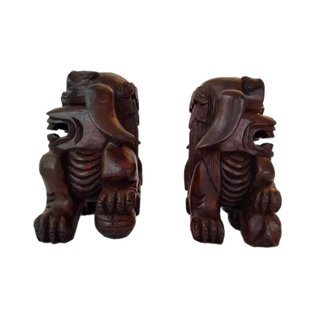 Mid 20th Century Vintage Chinese Foo Dog Asian Art Statue Decor Wooden Hand Carved Large - a Pair For Sale - Image 5 of 8