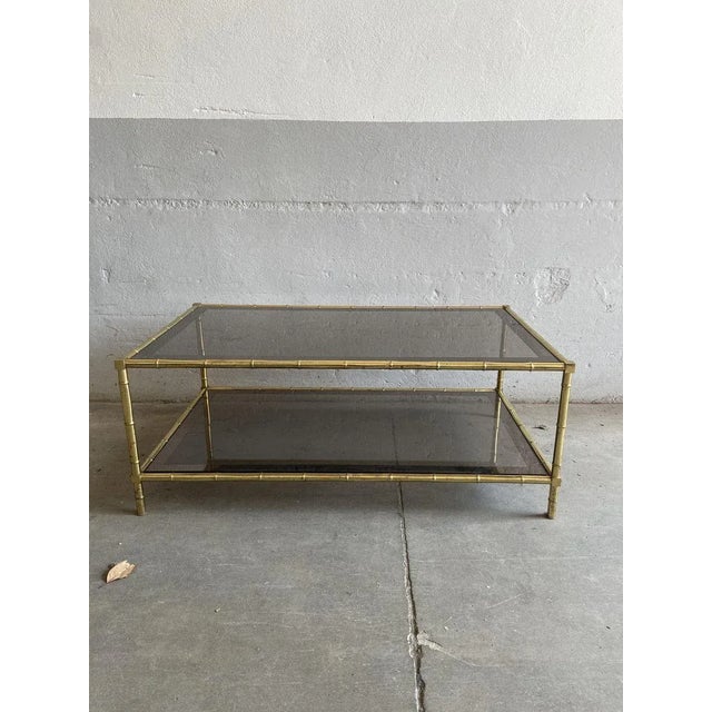 Maison Baguès French Faux Bamboo, Mirrored Brass & Smoked Glass Two-Tier Coffee Table by Maison Baguès, 1960s For Sale - Image 4 of 14