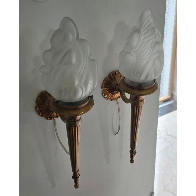 Vintage Art Deco Mashaal Light Old Lamp Wall Sconces Fixture Brass & Frosted Mashaal Glass Shade Light - Pair For Sale - Image 4 of 4