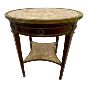 French Mahogany Louis XVI Style Marble Top Bouillotte Table, Bronze Mounted