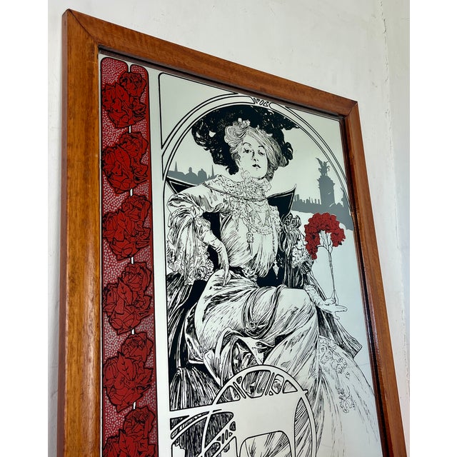 Vintage Art Nouveau Mirror with Christmas Noel Illustration by Alphonse Mucha, 1960s For Sale - Image 4 of 15