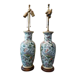 Vintage Pair of Chinese Porcelain Lamps Hand Enameled