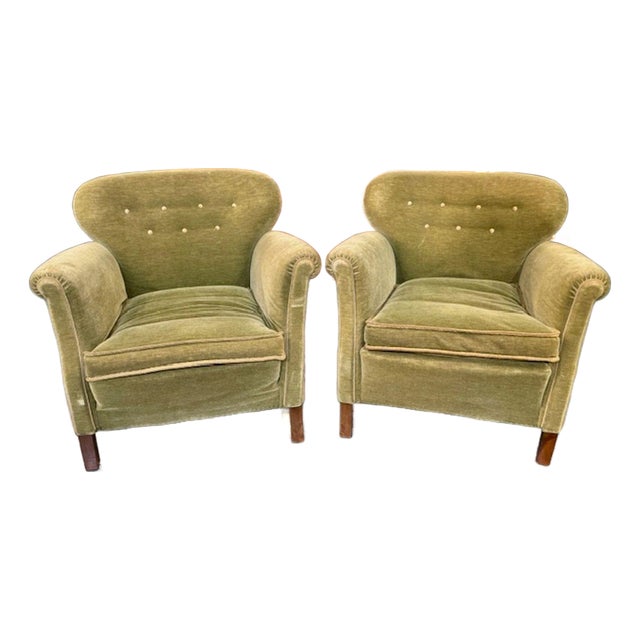 Pair of Danish MCM Green Velour Club Chairs For Sale