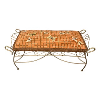 Vintage One of a Kind Needlepoint Butterflies in Lattice Iron Frame Bench For Sale