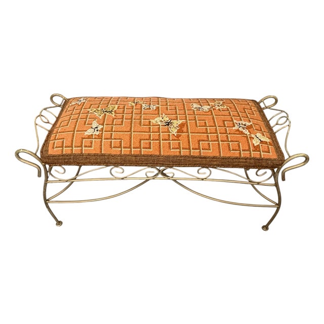 Vintage One of a Kind Needlepoint Butterflies in Lattice Iron Frame Bench For Sale