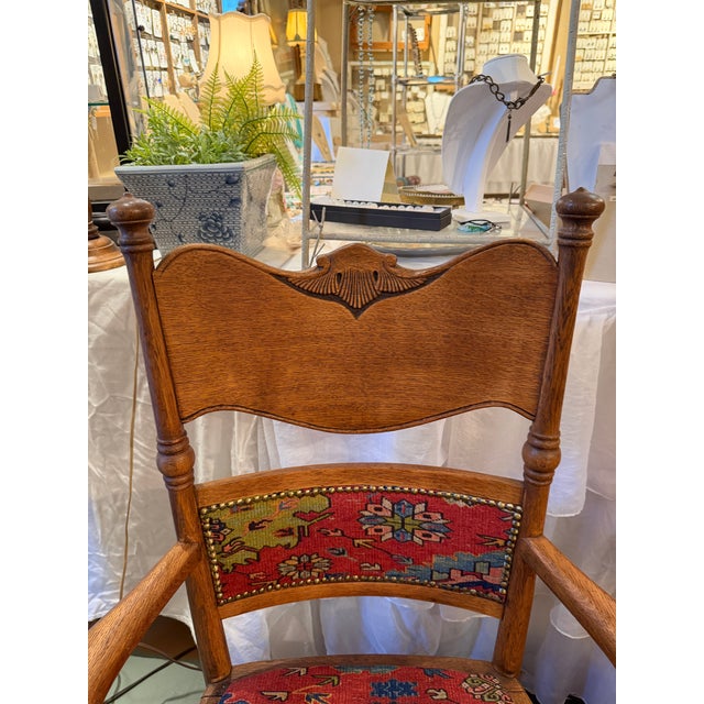 Set of Six, Antique, Oak Dining Chairs Covered With Ralph Lauren Kilim Fabric, Early 1900s For Sale - Image 9 of 11