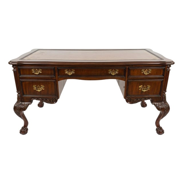 Sligh Carved Mahogany Leather Top Desk For Sale