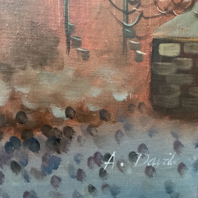 Oxblood Red Vintage Oil Painting on Canvas "City Motif at Dusk" Signed Framed For Sale - Image 8 of 12