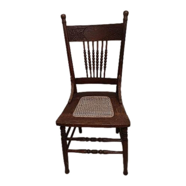 Antique Early American Wood Chair Cane Seat Dark Tone For Sale