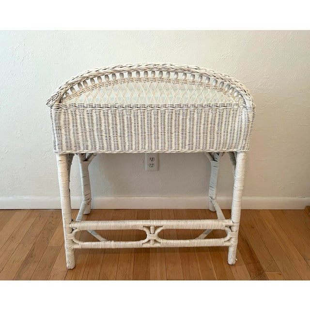 Mid 20th Century Vintage White Rectangular Wicker & Bamboo Desk, Console or Vanity With Glass Top, Drawer For Sale - Image 5 of 10
