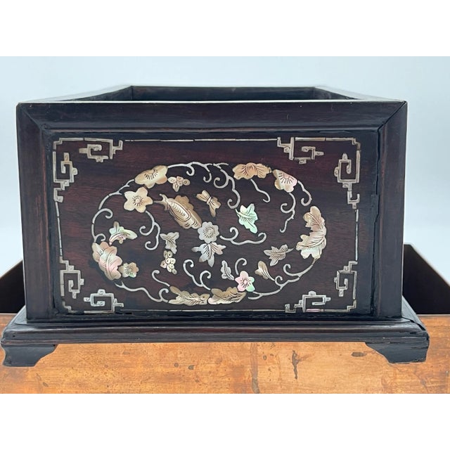 Antique Chinese Mother of Pearl Inlaid Hardwood Jardinière with Copper Liner For Sale - Image 4 of 12