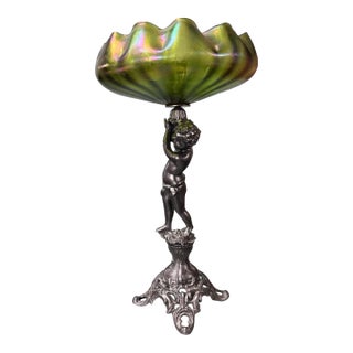 Antique Art Nouveau Victorian 16" Figural Cast Metal Compote With Art Glass Bowl For Sale