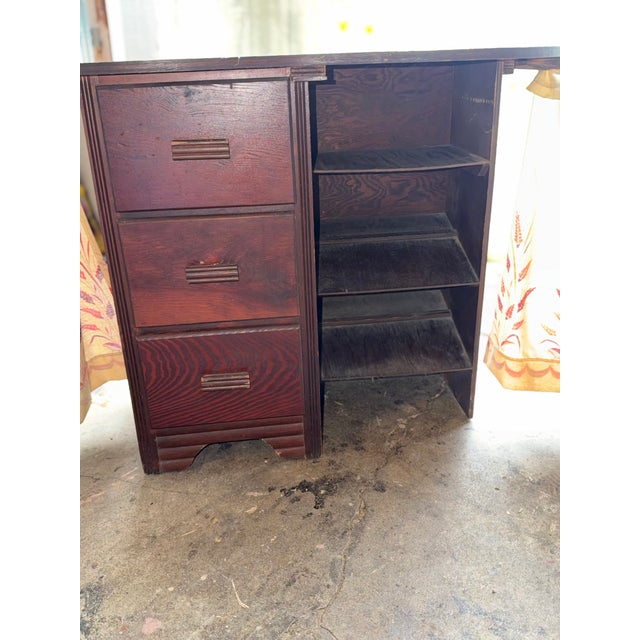 Wood Vintage Mid-Century Kidney Shaped Dressing Table Vanity With Swinging Storage Arms For Sale - Image 7 of 13