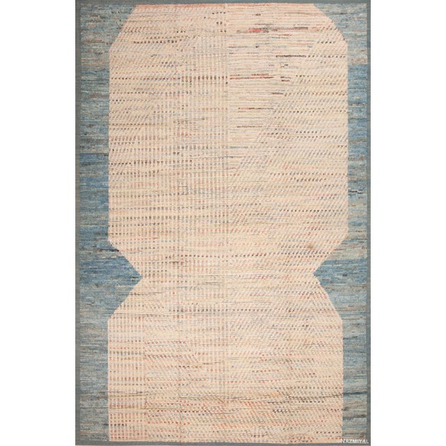 Light Blue And Ivory Background With Soft Rustic Tribal Pattern Modern Rug For Sale