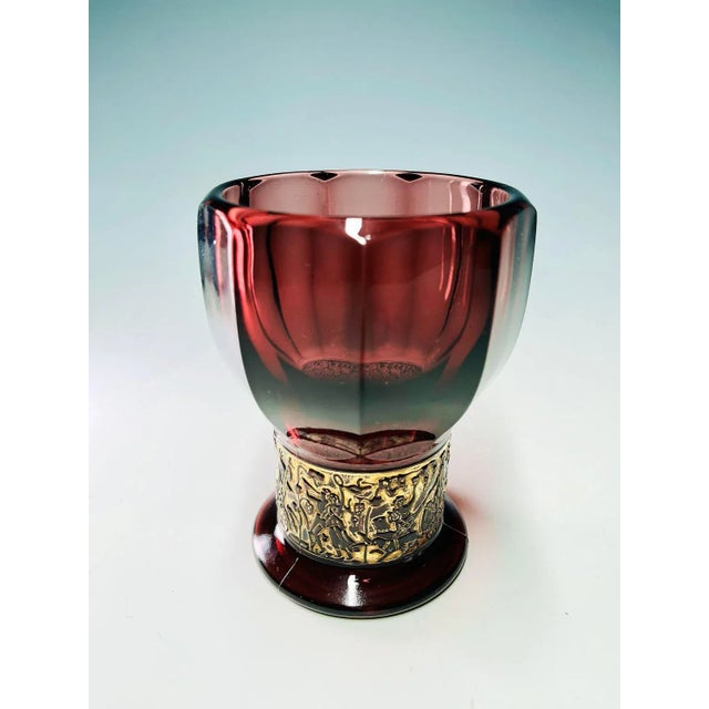 Stunning art deco glass by Walther & Sons. Amethyst glass with an embossed gold-tone cameo stripe.