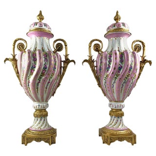 20th Century Ormolu & Pink Sevres Porcelain Vases with Lids, Set of 2 For Sale