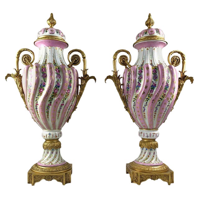 20th Century Ormolu & Pink Sevres Porcelain Vases with Lids, Set of 2 For Sale