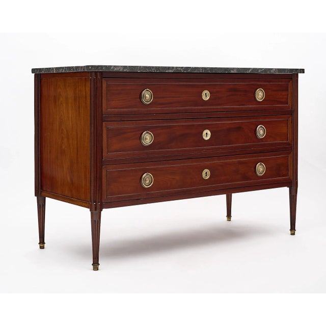 French Louis XVI Mahogany Chest, Antique French, Gray Marble, Circa 1820 For Sale - Image 3 of 10