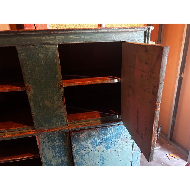 Antique Farmhouse Wood-Painted Turquoise Cabinet For Sale - Image 9 of 16