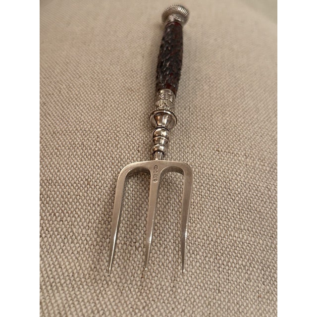 1900 - 1909 Antique Exquisite English Horn Handled Sterling Silver Toast Fork - Heavy and Hallmarked For Sale - Image 5 of 12