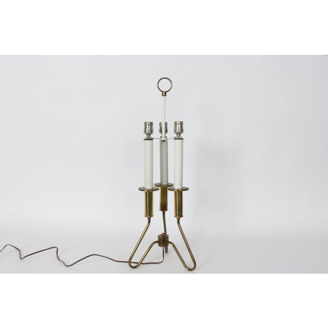 Gerald Thurston for Lightolier Style Brass & White Triple Candlestick Table Lamp For Sale - Image 12 of 18