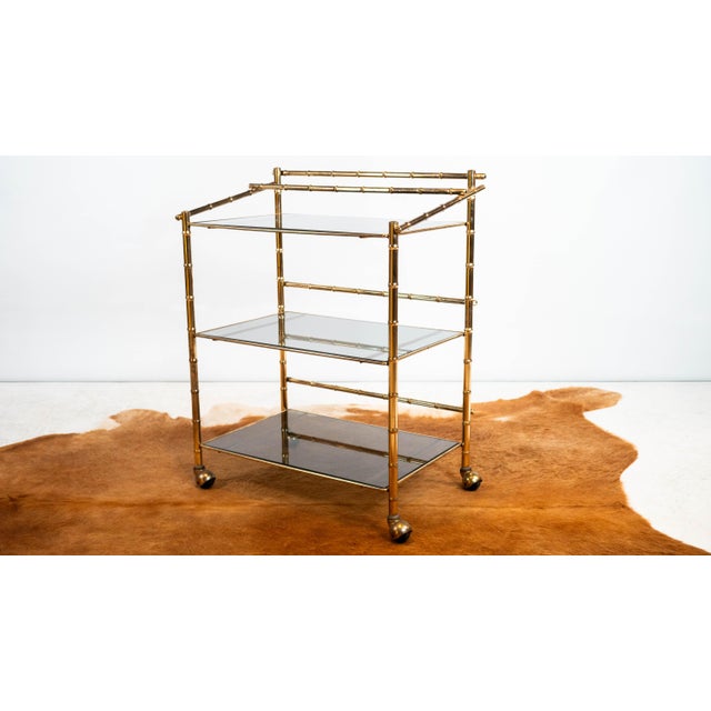 Brass Vintage Mid Century Brass & Smoked Glass Bar Cart, C. 1970s For Sale - Image 8 of 17