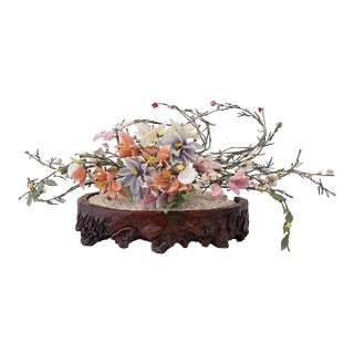 Vintage Chinese Hardstone-Style Floral Centerpiece on Carved Root-Form Base – 20” Wide For Sale