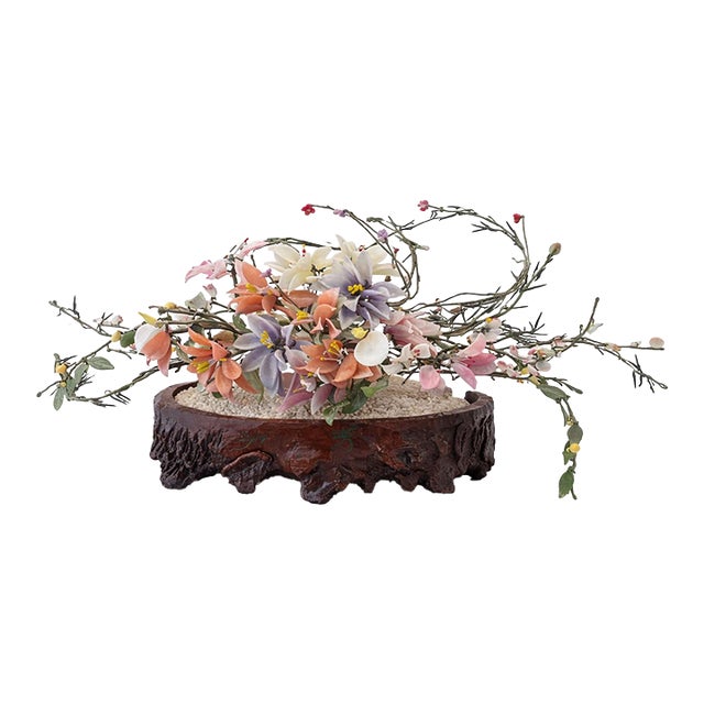 Vintage Chinese Hardstone-Style Floral Centerpiece on Carved Root-Form Base – 20” Wide For Sale