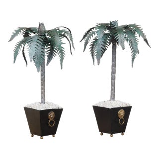 Pair of French Midcentury Palm Tree Sculptures in Black Tapering Pots For Sale