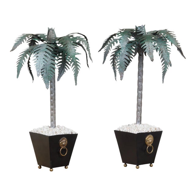 Pair of French Midcentury Palm Tree Sculptures in Black Tapering Pots For Sale