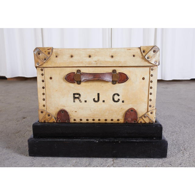 19th Century English Leather Luggage Trunk on Stand Chairish