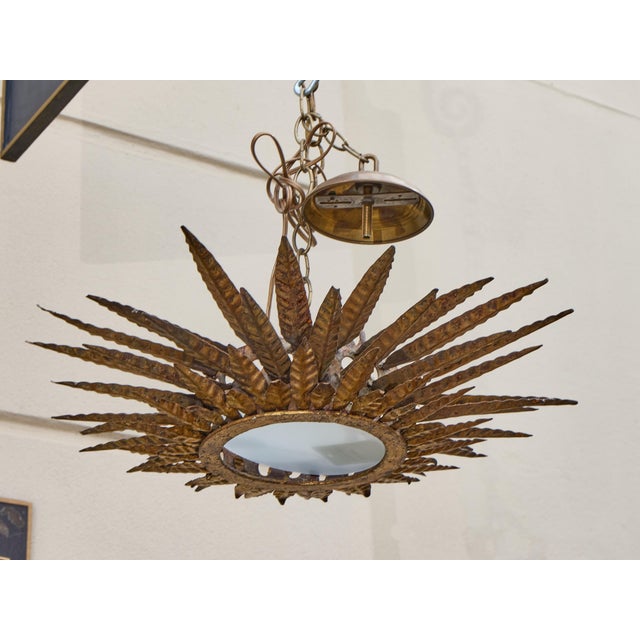 Metal Mid 20th Century Spanish Gilt Metal Sunburst Chandelier with Frosted Glass For Sale - Image 7 of 11