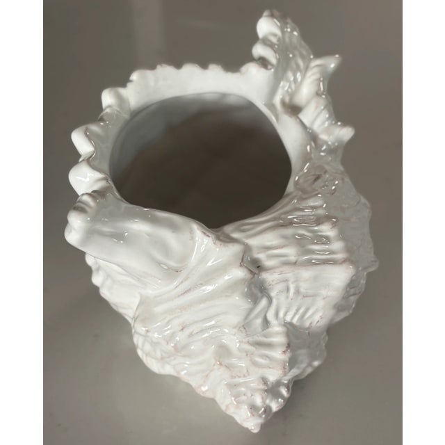 White Vintage Coastal Chic Ceramic Conch Shell Cachepot Planter For Sale - Image 8 of 10