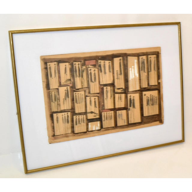 1960s 1969 Aragão Abstract Black & White Watercolor on Board Gilt Frame Stick Figures For Sale - Image 5 of 13
