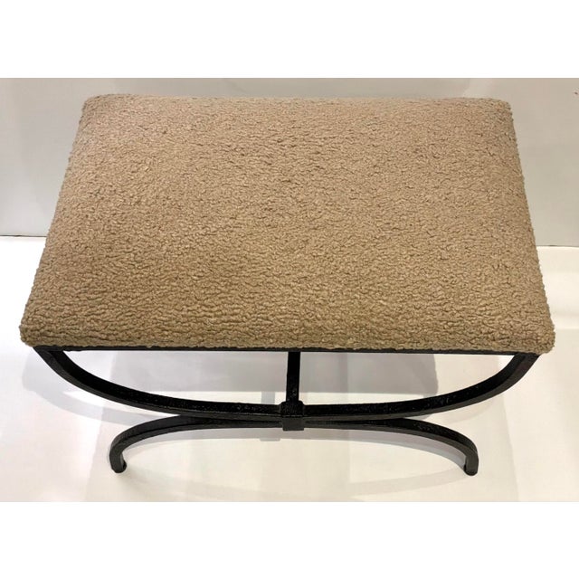 Stylish Modern Latte Faux Shearling and Iron Hacienda Bench, showroom floor sample