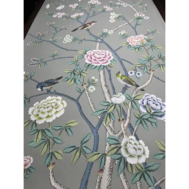 Chinoiserie Muted Grey Chinoiserie Mural | 2-Panel Hand-Painted Floral & Bird Wallpaper For Sale - Image 3 of 6