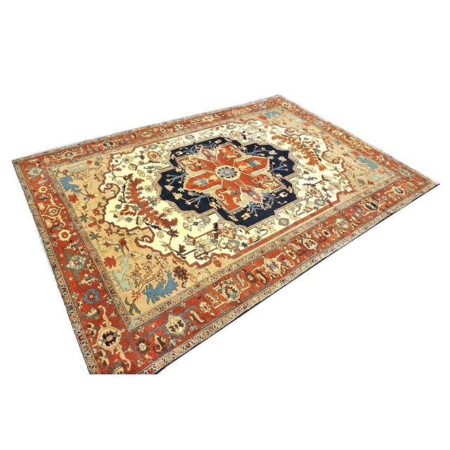 Persian Persian Serapi Wool 7x11 Rust, Navy, Tan, & Ivory Handmade Area Rug #9902841 For Sale - Image 3 of 12