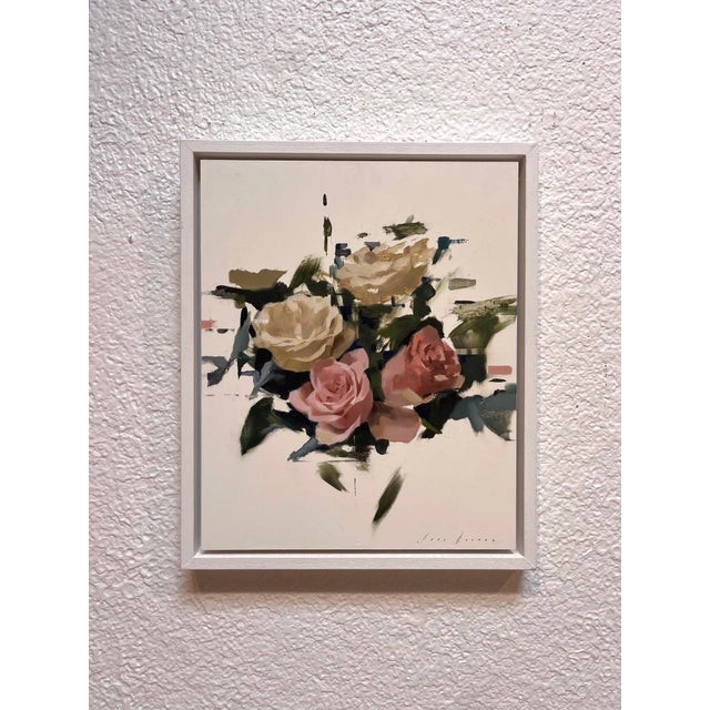This oil on panel artwork features a bouquet of roses, rendered with a blend of soft and bold brushstrokes that create a...