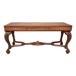 1960s Mahogany Library or Console Table With Marquetry Top Inlay in Center For Sale