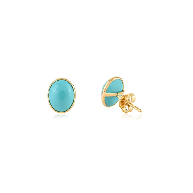 Turquoise Modern 18k Yellow Gold 1 Carat Oval Turquoise Bezel Set Stud Earrings for Women- A Pair For Sale - Image 8 of 12