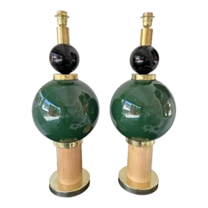 Contemporary Brass Murano Glass and Wood Lamps, Italy - a Pair