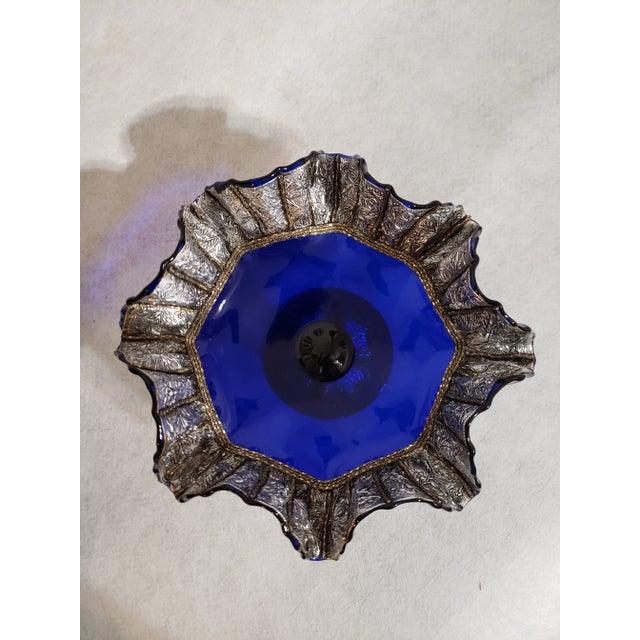 Metal Vintage Morocan Cobalt Blue Glass Pedestal Compote For Sale - Image 7 of 13